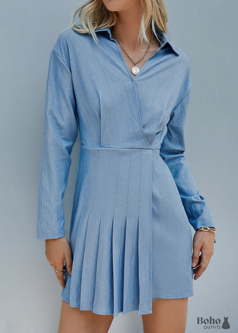 Pleated Blue Bohemian Mini Dress